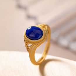 Cluster Rings Creative Design Ancient Gold Craft Hollow Inlaid Lapis Lazuli Oval Ladies Ring Open Chinese Style Vintage Exquisite Jewellery