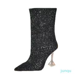 autumn winter heeled heel boots fashion sexy Belt buckle designer boot 100% leather Crystal heel pointed women shoes lady Letter Shiny high heels size 33