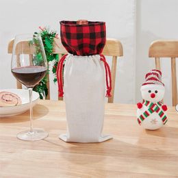 Sublimation Christmas Wine Bag Printed Buffalo Plaid Line Cotton Linen Drawstring Packets Customised Christmas Day Decoration RRC134