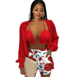 Women's Tracksuits 2022 Casual Women Tracksuit 3 Piece Set Print Floral Bra Coat Pants Streetwear Matching Clothes For Outfit