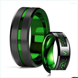 Wedding Rings Wedding Rings 8Mm Black Tungsten Celtic Dragon Men Ring Inlaid Green Zircon Punk Stainless Steel Carbon Fibre Ringswedd Dhblk