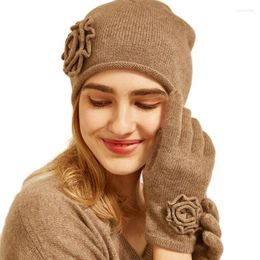 Hats Scarves Gloves Sets Autumn And Winter Women's High-grade Cashmere Flower Knitted Warm Hat Two-piece Set