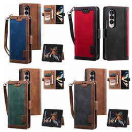 ZFold4 Case Business Hybrid Leather Wallet Cases For Samsung Z Fold 4 5G Contrast Hit Colour Credit ID Card Slot Holder Flip Cover Men Phone Pouch With Lanyard