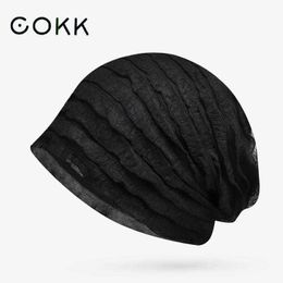 Beanie/Skull Caps COKK Thin Beanie Hat Women Stripe Breathable Solid Colour Beanies Bonnet Femme Fashion Knitted Baggy Cap Ladies Hats Female New T221020