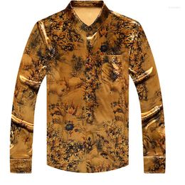 Men's Casual Shirts Men Turn Down Collar Silk Velvet Clothing Autumn Long Sleeve Soft Velour Male Fashion Printing Gold Dress