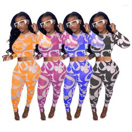 Women's Two Piece Pants Women O Neck Print Pant Set Casual 2 Tracksuit Sexy Outfit Summer Matching