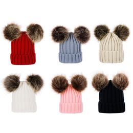 Wool Knitted Cap Beanie Adults And Children Double Wool Ball Hat Outdoors Winter Warm Hats