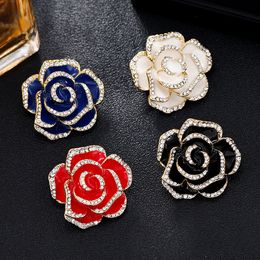 High End Rhinestone Red White Camellia Flower Brooches Handmade Metal Ladies Scarf Pin Brooch Clothes Accessories Decorations