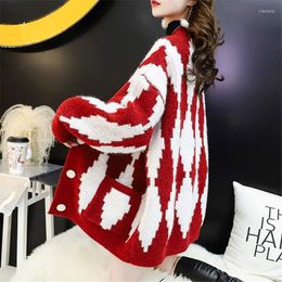 Women's Knits Winter Autumn Fashion Patchwork Knitted Cardigan Women Sweater Jumpers Ladies Loose Big Pocket V-Neck Knit Jacket Coat Female