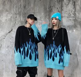 Men's Sweaters Knitted Blue Flame Sweater Gentle Japanese Thick Autumn And Winter 2022 Print Male Female Hip Hop Loose Couple Outfit