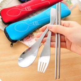 Dinnerware Sets 1pcs Lunch Green Stainless Steel Chopsticks Spoon Fork Outdoor Portable Tableware Three-piece