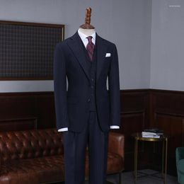 Men's Suits Spring /Autumn Handsome Navy Blue Pinstripe Groom Wear Men Slim Fit 2 Bottons Peaked Lapel Jacket Vest Pants England Style