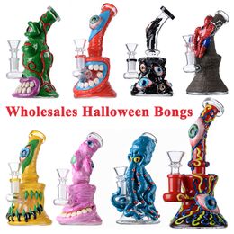 IN STOCK Wholesales Unique Halloween Style Hookahs 6 Inch Small Bongs Heady Water Pipes Octopus Or Eye Teeth Types Dab Rigs Showerhead Perc Glass Bong DHL Free