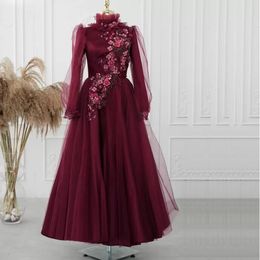 Modern 3D Flower Ankle Length evening Dresses burgundy long sleeve Hijab Muslim prom Gown Robes De Soiree Moroccan Caftan