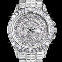 Wristwatches Fully Baguette Diamond Watch For Men Iced Out Quartz Mens Watches Hip Hop Male Clock Waterproof Silver Reloj Hombre Dro 221025