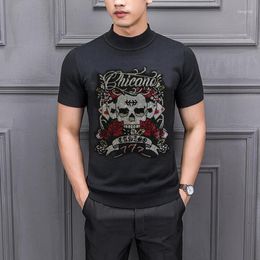 Men's Sweaters Flower And Skull Cool Short Sleeve Rhinestones Male Sweater Boy Slim Pullover Men Thin Casual Oversized Drill