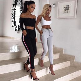 Women's Pants Spring Autumn Women Side Stripe Long Leggings High Waist Drawstring Straight Pant Knitted Solid Elastic Trousers