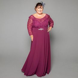 Темно -красные бисеры мать мама невесты платья Бато Шея кружевные вечерние платья с длинными рукавами по полу шифоновое свадебное платье
