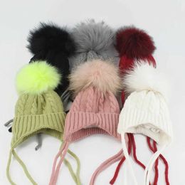 Beanie/Skull Caps Real Fur Pompom Baby Hat Kids Winter Earflap Cap Fleece Inside Warm Knitted Skullies Beanies For Girls Boys T221020