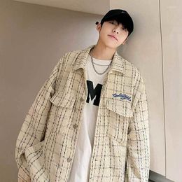 Men's Jackets 72641 Men's Long Sleeve Vintage Check Blouse Single Breasted Fashion Male Shirt Autumn Man Letter Embroidered Shirts