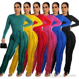 Fall Women Tassel Pants Two Piece Set Ladies Long Sleeve Bodysuit Jumpsuit Top And Drawstring Trousers Matching Outfits