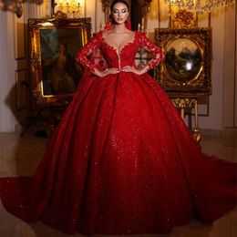 Sparkly Dubai Red Sequined Wedding Dress Lace Applique Shines Women Marriage Arabic Bridal Ball Gowns Chapel Train 2023 Classic Long Sleeves Sequin Vestido De Novia