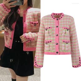 Women's Knits High Fashion Pink Woven Woolen Plaid Coat Women Cardigans 2022 Spring Retro Korean Sweater Top Brand Vintage Clothing Vestido