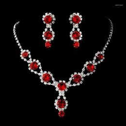 Necklace Earrings Set Elegant Red Blue Water Drop Rhinestone Pink Bride Jewelry Women Accessories