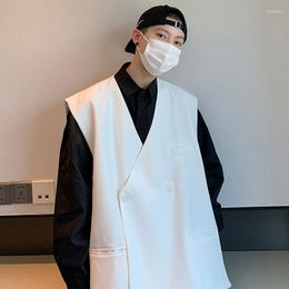 Men's Vests Mens Double Breasted Formal Suit Waistcoat Fitted Smart Casual Vest Plain Color Korean Sreetwear Oversized For Men