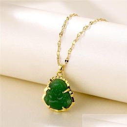 Pendant Necklaces Laughing Buddha Jade Pendant Necklace With Titanium Steel Copper 18K Real Gold Plated Long Lasting Colour Hiphop N Dhgvd