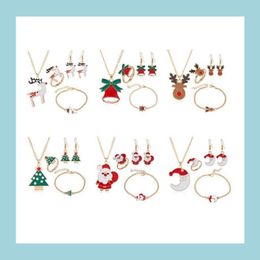 Bracelet Earrings Necklace Christmas Earrings Set Gift Series Santa Claus Elk Bell Festive Party Decorations Earring Necklace Bra Dh3Pu