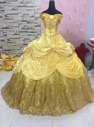 Bright gold Quinceanera Prom Dresses Lace-up corset gothic cosplay Applique Long Sweet 16 Dress Prom Party Birthday Gown