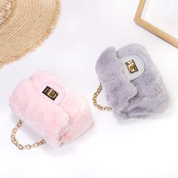 Luxury kids furry handbags girls faux rabbit fur messenger bags mini Leopard single shoulder bag lady style metal chain purse A9194V