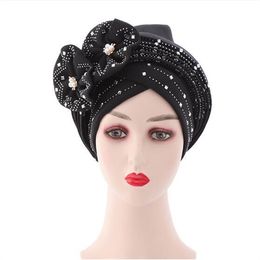 Beanie Flowers Sparkling Diamonds Bonnets for Women Already Made Auto Gele Hijab Aso Oke Headtie Scarf Headwraps Turban Hat for African GC1745