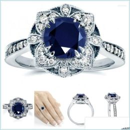 Wedding Rings Wedding Rings Luxury Flower For Women Fashion Jewellery Shiny Blue Cubic Zircon Star Engagement Female Anel Giftwedding B Dhxsb