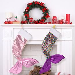 Christmas Sequins Stockings Mermaid Tail Hanging Bead Fish Stocking Holiday Decorations Gift Christmas Home Tree Decor RRC139