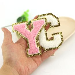 Sewing Notions 8cm 5.5cm 10 Colors Chenille Embroidered Alphabet Patches with Glitter A-Z Letter Iron on Patches for Girls Clothing Bags