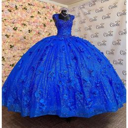 Royal Blue Quinceanera Dresses with 3D Floral Applique Off Shoulder Lace-up Corset Back prom Sweet 16 Dress robe de