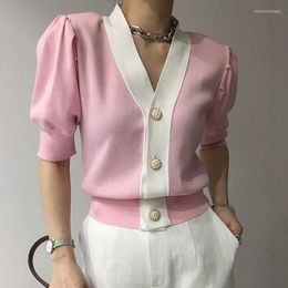 Women's Knits 2022 Summer Knit Pink Cardigan V Neck Long Sleeve Single Breast Pull Femme Hit Color Patchwork Sweaters For Women Sueter