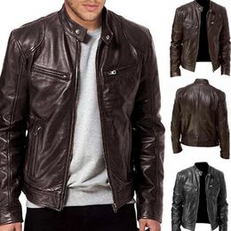 Men Autumn Winter PU Jacket Leather Jackets Slim Fit Stand Collar Male Anti-wind Motorcycle Lapel Diagonal Zipper Coat