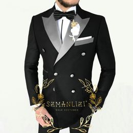 SZMANLIZI 2023 Black Double Breasted Men Suits For Wedding Silver Lapel Groom Tuxedos Custom Made Terno Masculino Mens Suits