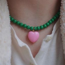 Chains Korean Ins Colour Contrast Love Heart Pendant Acrylic Resin Beaded Retro Necklace For Women Girls Y2K Aesthetic Jewellery