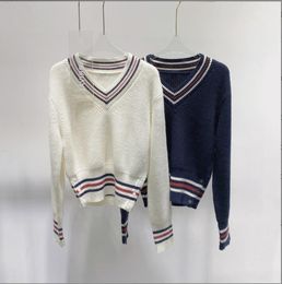 10012 2022 Autumn Sweaters Women's Pullover White Blue V Neck Plaid Long Sleeve Brand Same Style Women's YL