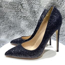 Black Sequined Red Bottoms Shoes Women Shiny Sparkles Glitter Pointed Toe High Heel Shoe for Party Dress Sexy Bling Red Soles Ladies Slip On Stiletto Pumps 8-10cm 12cm