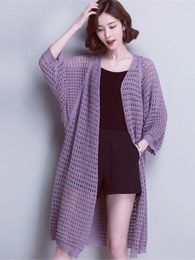 Women's Knits Long Fashion Korean Knitwear Hollow Out Knit Cardigan Batwing Sleeve Open Stitch Loose-Fitting Tops Summer Clothing Mujer
