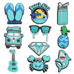 MOQ 20Pcs PVC Blue Guitar Crab Shark Pineapple Glasses Diamond Beach Shoe Decoration Charm Buckle Accessories Clog Pins Buttons Decorations for Bands Bracelets