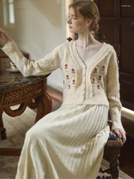 Women's Knits Women's & Tees Fall Winter 2022 Women Sweater Cardigan Vintage Elegant V-Neck Handmade Beading Embroidery Wool Mori Girls