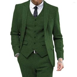 Men's Suits Autumn/Winter Green Herringbone Men Slim Fit Jacket Vest Pants 3 Pieces Groom Wedding Tuxedo England Trajes De Hombre 2022