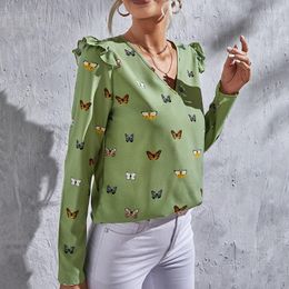 Women's Blouses Spring Autumn Deals Women Long Sleeve Tops Lady Fashion Slim Pullover Shirts Elegant V-neck Butterfly Pattern Chiffon Blouse