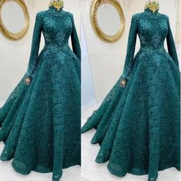 Teal Blue 2023 Evening Dresses Long Sleeves Lace Applique Satin Ruffles Plus Size High Neck Prom Gown Formal Wear Custom Made Vestidos